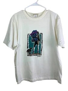 Vintage L.L.Bean Short Sleeve Shirt Mens Off-White Dog & Hiker Size M - Picture 1 of 10