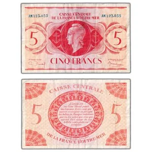 Saint Pierre & Miquelon ND (1944) 5 Five Francs Note P #15 - VF (staple hole) - Picture 1 of 3