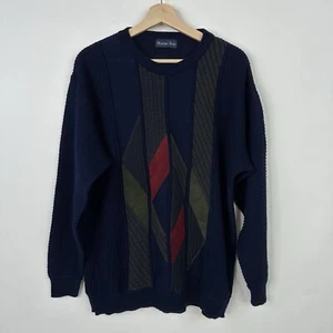 Suéter Massimo Boni Para Hombres L Azul Marino Mezcla de Lana Apliques Geométricos Texturizado Cuello Redondo - Imagen 1 de 10