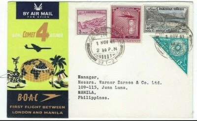 1961 Karachi Pakistan BOAC First Flight Airmail- Manila Philippine Islands RP55B - Image 1 of 2