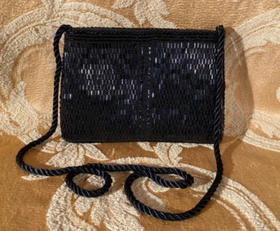 Vintage 90s Purse 1990s Black Beaded Art Deco Goth Glam Cocktail Fancy Retro Bag - Image 1 of 4
