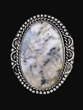 LARGE Oval Black & White Dendritic Opal German Silver Ring Size 8