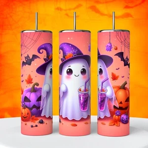Cute Halloween Ghost Witch Hat Purple Pumpkins 20 Oz Tumbler coffee Cup - Picture 1 of 1