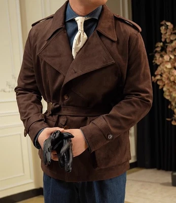 Retro Mens Suede Jacket American Waist Cinching Jacket Windproof Hunting Jacket - Image 1 of 4