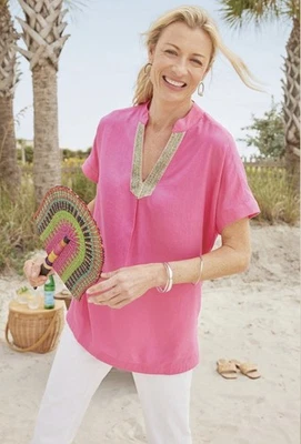 Nuevo con etiquetas Top túnica Soft Surroundings Annalise mezcla de lino rosa con cuentas para mujer talla M Foto 1 de 4