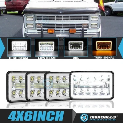 For Chevrolet G10 G20 G30 78-91 4x6" Chrome LED Headlights Hi/Lo DRL Turn Signal - Image 1 of 4