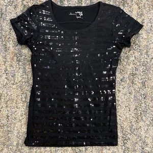 Hanna & Grace Sequin Shirt Womens Size Small S Black Top Cap Sleeve Scoop Neck - Picture 1 of 8