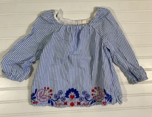 Crew Cuts Girls Blouse Size 5 100% Cotton Blue White Stripes Floral Flowers NWOT - Picture 1 of 14