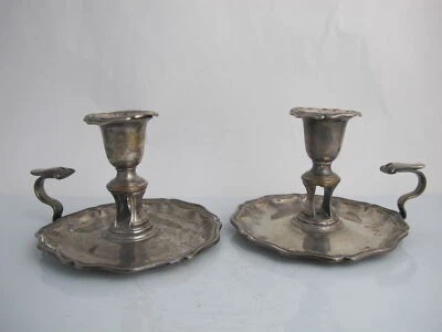Antiguo par de candelabros de cámara metálica PLATA sobre COBRE Foto 1 de 4