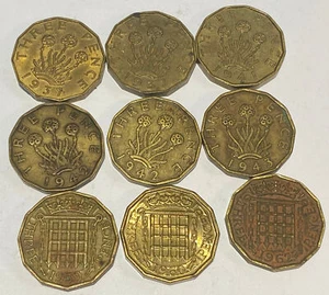 Vintage Great Britain Coin Lot! 1937-1962 - 3 PENCE - 9 XF or Better  Coins - Picture 1 of 2