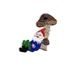 Gnome Relaxing On Mushroom Embroidered Iron On Applique Patch - Picture 1 of 1
