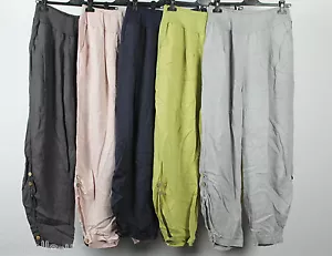 NEW LADIES ITALIAN PLUS SIZE LAGENLOOK 2 POCKET BOHO LINEN PANTS BAGGY TROUSERS - Picture 1 of 27