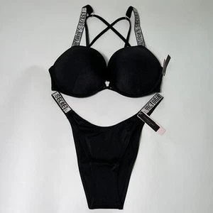 Victoria Secret 34D M Bombshell Push Up Top Bikini Set Shine Strap LOGO Black - Picture 1 of 9