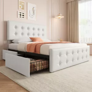 Full Size Bed Frame Platform and Upholstered Headboard with 4 Storage Drawers - Picture 1 of 9