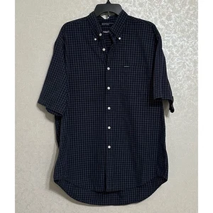 Nautica Short Sleeve Button Down Shirt Navy Blue Geometric Checked Plaid Men's L - Picture 1 of 5