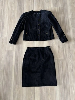 VTG Le Crillon Suit Jacket Skirt Set Black Suede Leather Womens 10 Career Event - Image 1 of 4