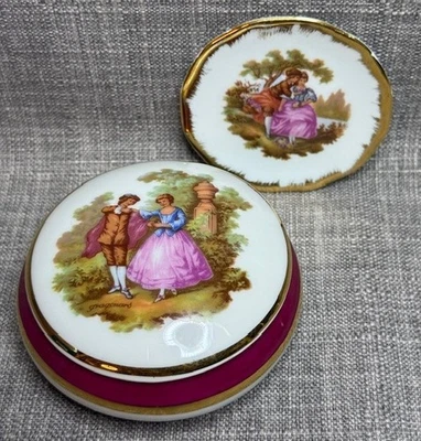 Limoges France Fragonard Porcelain Trinket Box, Mini Plate Courting Couple Motif - Image 1 of 4