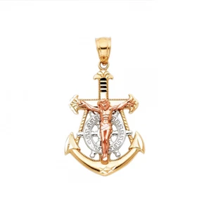 14K Gelb Weiß Roségold Jesus Kruzifix Anker Anhänger-Mariner Kreuz Halskette - Bild 1 von 2