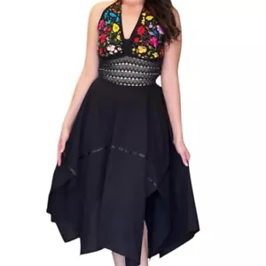 Dobladillo asimétrico cuello halter coqueto floral bordado a mano mexicano negro talla S - Imagen 1 de 7