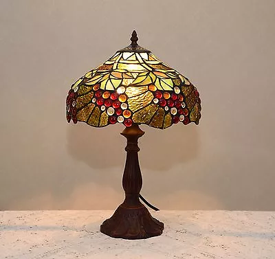 12"W Grape Vine Stained Glass Handcrafted Table Desk Lamp, Zinc Base! - Image 1 of 4