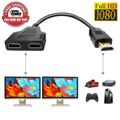 HDMI Port Male to Female 1 Input 2 Output Splitter Cable Adapter Converter 1080P - Image 1 of 4