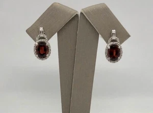 Estate 10k Solid White Gold Halo Stud Earrings Garnet Genuine Diamond - Picture 1 of 5