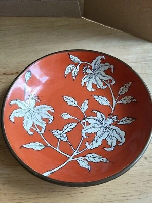 Coral Orchid White Lily Red Background Brass & Ceramic Dish, Made In Hong Kong - Image 1 of 4