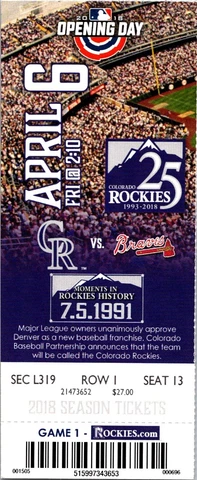 TICKET - Colorado Rockies vs Atlanta Braves April 6 2018 Game 1 Cover
