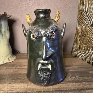 Handmade Pottery Devil Face Jug with Fangs by Billy Joe Craven | 8" x 5" - Picture 1 of 7