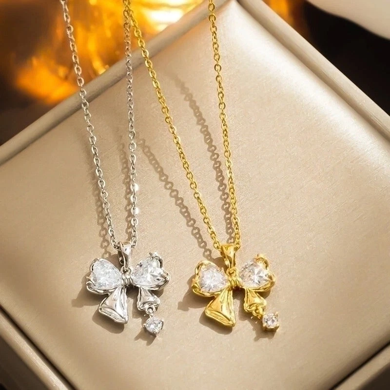 Damen Halskette Schleife Zirkon Anhänger Kette Gold Edelstahl Frauen Geschenk - Bild 1 von 1