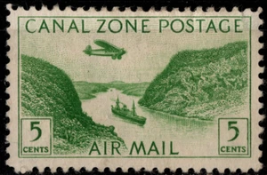 Canal Zone Stamp Scott # C7 Used F-VF 5 Cents Yellow Green Gaillard Cut Airmail - Picture 1 of 1