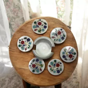 Lujoso juego de posavasos de mármol blanco de 4" con 6 piezas decoraciones artísticas de marquetería hechas a mano - Imagen 1 de 7