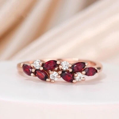 Alianza de boda Art Nouveau marquesa natural granate enchapado en oro rosa plata Foto 1 de 4