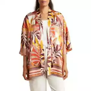 DR2 Daniel Rainn Satin Print Cover Up Ruana Kimono Size S/M Tropical Flowy NEW - Picture 1 of 8
