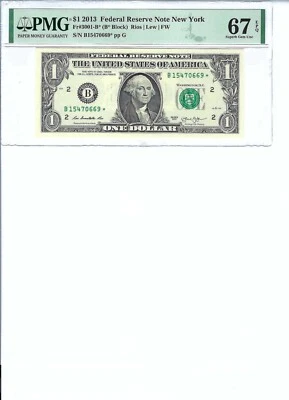 2013 $1 FRN FR3001-B* PMG 67 Gem UNC EPQ, New York * Note S/N V15470669!!! - Image 1 of 2