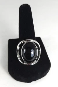 Large Elegant Black Oval Crystal Sphere Lab Created Gemstone Silver Plated Ring - Picture 1 of 10