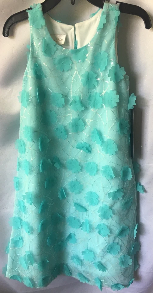 Vestido Isobella and Chloe Niñas Verde Agua Línea A Apliques Flores Talla 5- Nuevo Foto 1 de 1