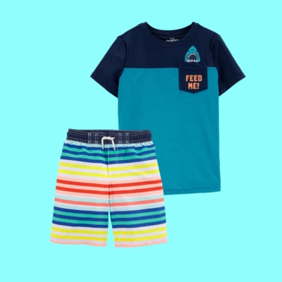 OshKosh B’gosh Boys Swimwear Shark Rashguard Top&Striped Swim Trunks Size12 NWT - Imagem 1 de 3
