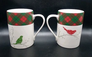Set Of Two 222 FIFTH Christmas Birds Plaid/Argyle Coffee~Hot Cocoa Mugs, NICE! - Picture 1 of 15