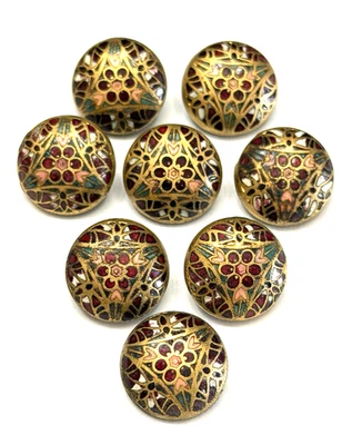 Vintage Set of 8 Flower Design Enamel Buttons - 9/16" (Y10) - Image 1 of 4