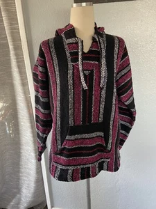 Baja Sol Mexican Made Knit Poncho Pullover Hoodie Pink Black White M - Picture 1 of 5