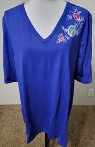 XL Anthony Richards NUOVO top blusa blu ricamato floreale manica corta - Foto 1 di 3