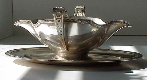 1910 HENRI GAUTHIER FRENCH ART DECO PARIS .950 FINE SILVER SAUCE BOAT TRAY 19oz Cover