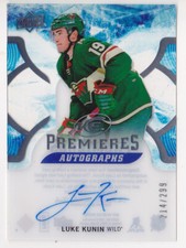 17-18 UD Ice Luke Kunin /299 Auto Rookie Premieres Minnesota Wild 2017