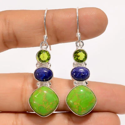 Green Turquoise Peridot Gemstone Fashion 925 Silver Earrings 1.9" ARE-3929 - Image 1 of 3