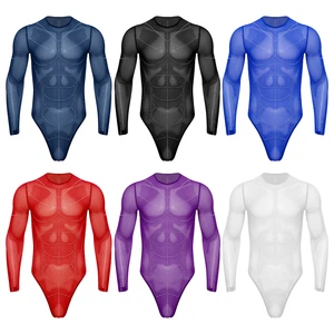 Mens Sheer Mesh Bodysuit Long Sleeve Shaping Muscle Lines Leotard Jumpsuit - Picture 1 of 85