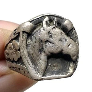 LUX Vintage 1940s 50s Sterling Lucky Horse + Horseshoe Ring, Size 8 - Picture 1 of 4