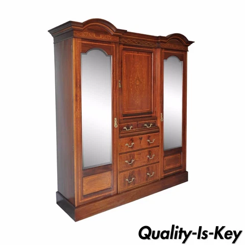 C. 1900 Antique Edwardian Carved Inlaid Mahogany Armoire Wardrobe French Style Cover