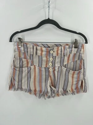 Free People 0 Striped Linen Blend Shorts Frayed Hem Button Fly Coastal Boho - Image 1 of 4
