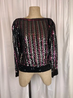 Ann Green Vintage Sheer Sequin Pink Silver Black Top Size M - Image 1 of 4